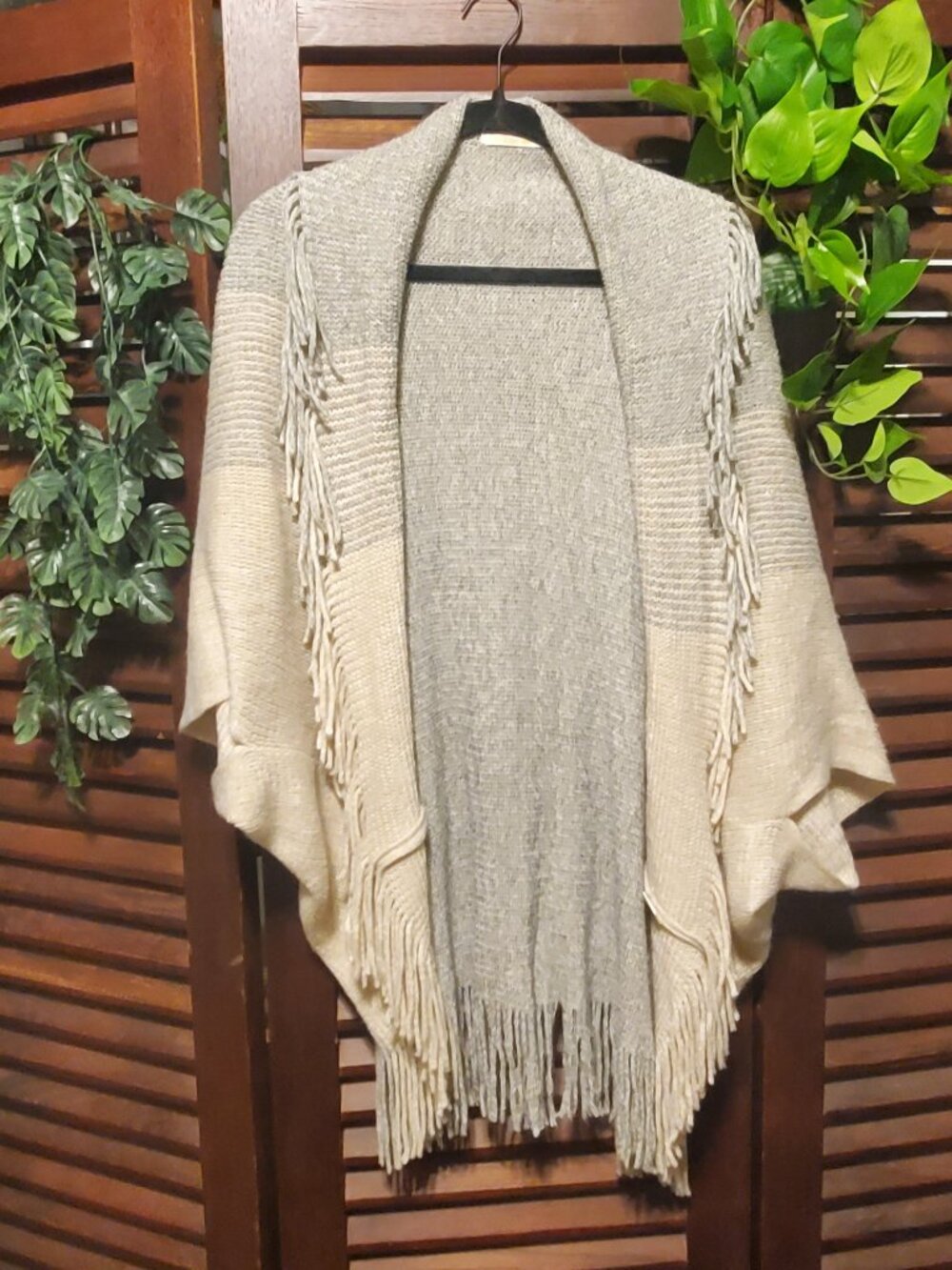 Gray & Cream Fringe Poncho Shawl